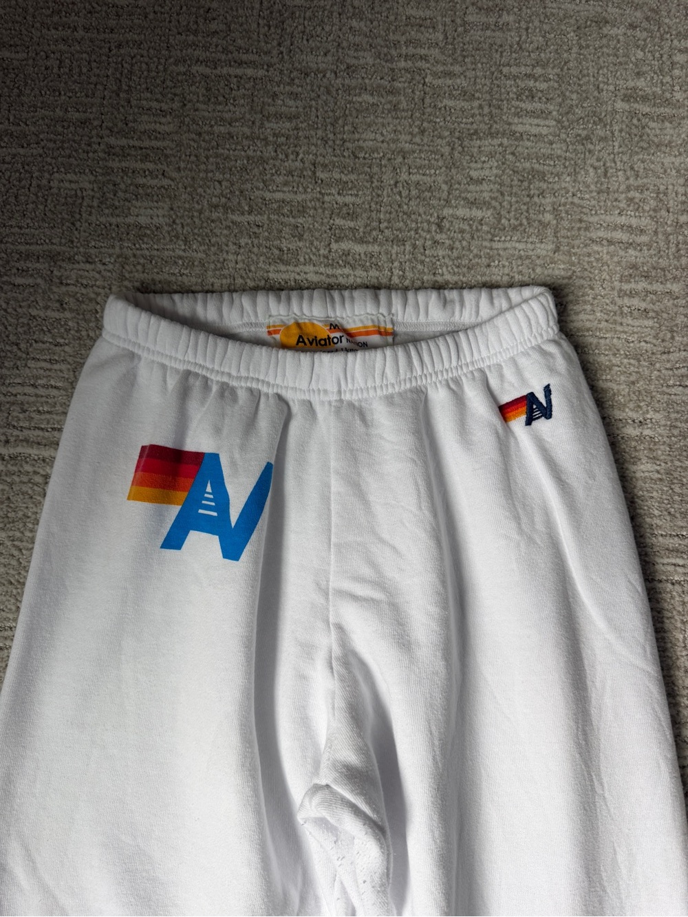 Aviator Nation White Joggers with Rainbow AV Patch - Picture 3 of 5